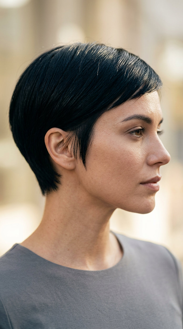 very short ink black pixie haircut with blue undertones, blunt micro-fringe, architectural cut — chic professional style