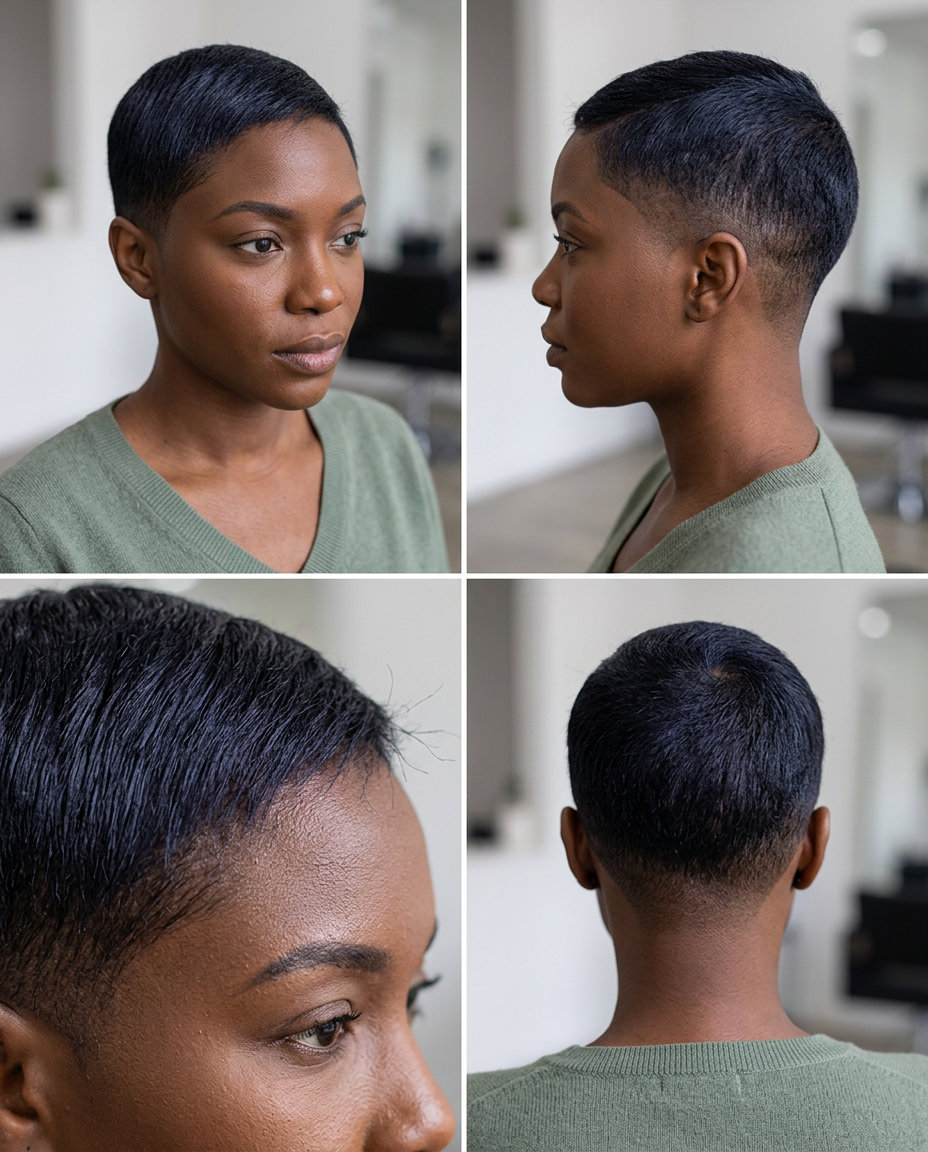 very short ink black pixie haircut with cool undertones, clean fade, no fringe — edgy summer style