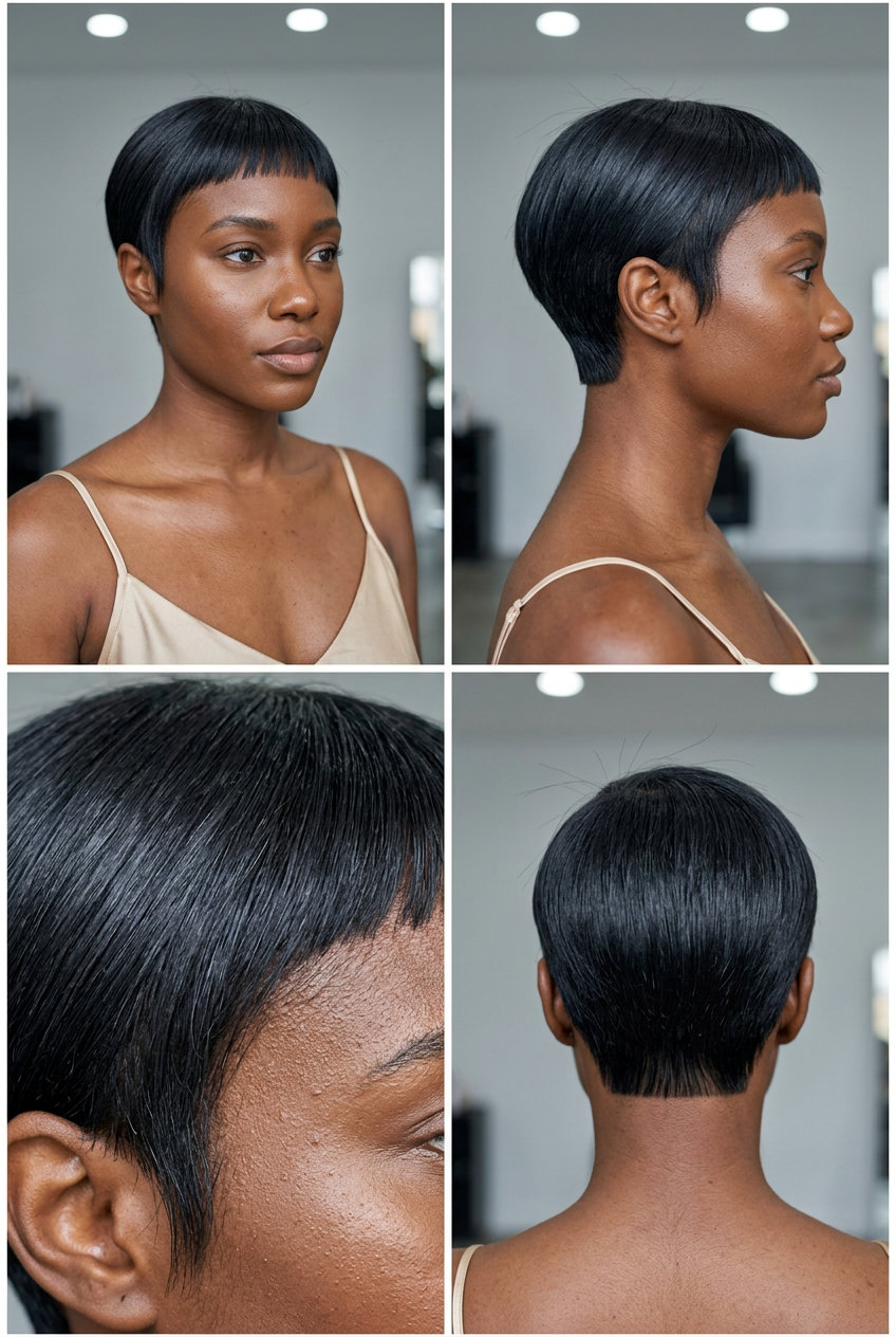 very short pixie haircut in ink black with high gloss, micro-fringe, sleek mood