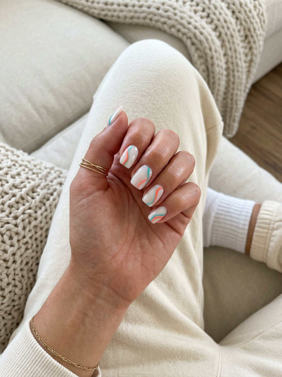 Island line art on milky white nails with turquoise and coral orange for artistic tropical nail designs 2026. Chic for weddings.