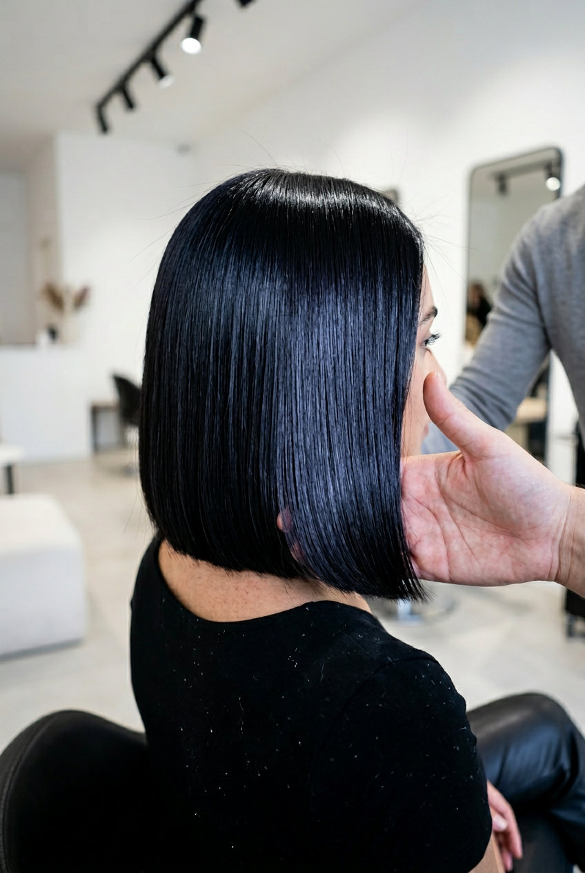 collarbone-length jet black bob with blue-violet undertones for sleek edginess