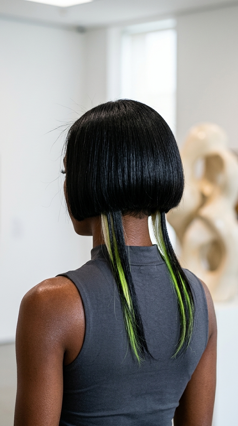 short bob haircut with jet black & cyber lime, blunt perimeter, hidden tendrils — playful summer