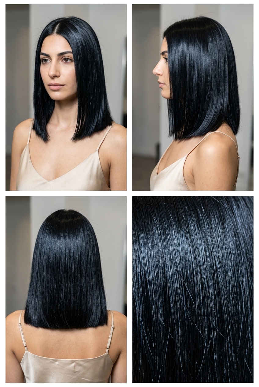 medium lob haircut with glossy jet black, blue undertones, blunt perimeter — sharp, sleek