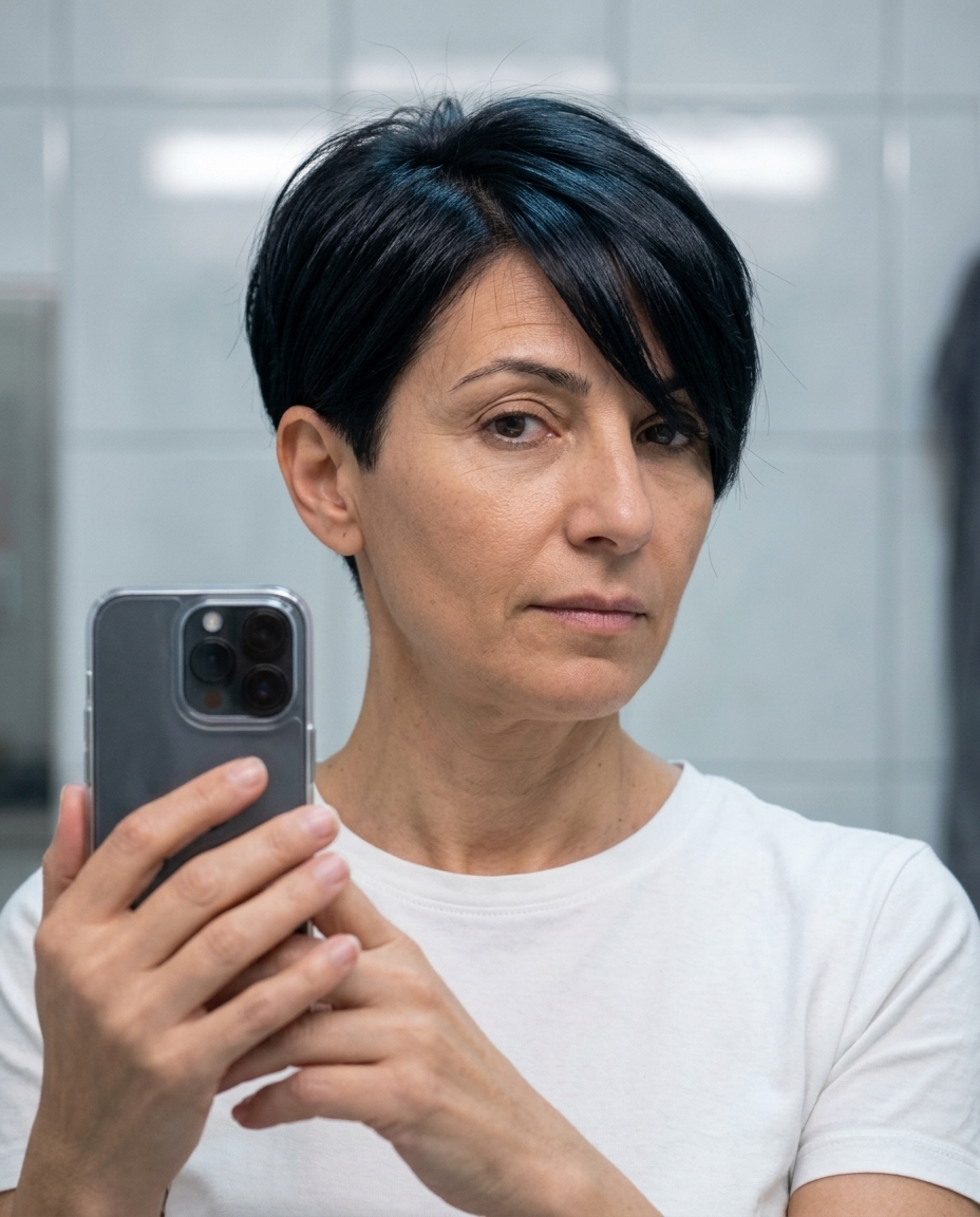 short jet black pixie haircut with tapered sides, razored layers — bold & minimalist