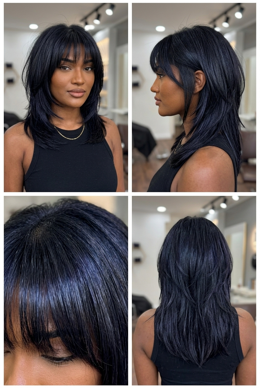 short layered wolf cut in jet black with blue undertones for night out