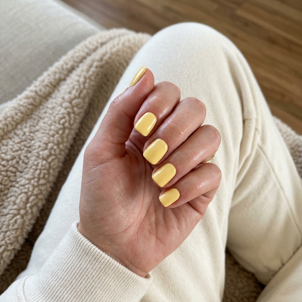 Sunny Day Butter Yellow Squares: June manicure ideas - summer trends 2026. Playful solid butter yellow nails for casual summer outings.