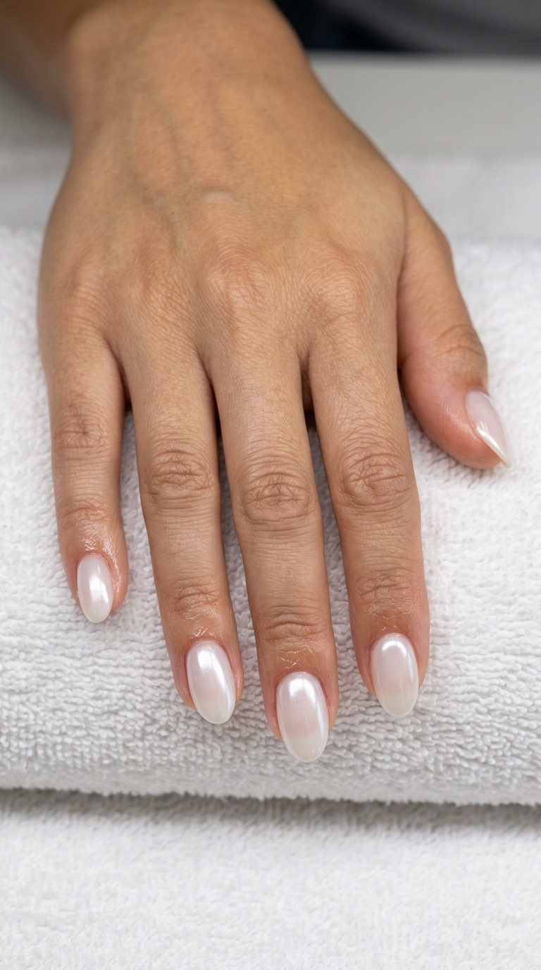 Classic glazed oval nails with a pearlescent sheen for elegant daily wear. June manicure ideas - summer trends 2026.
