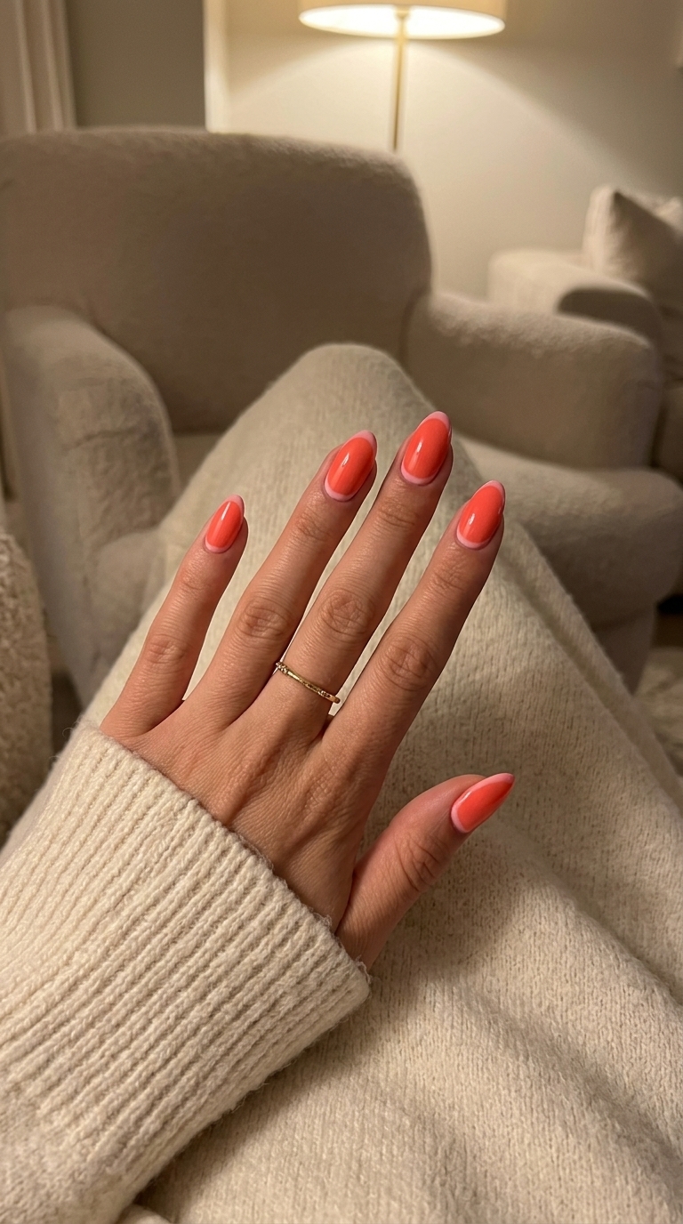 Coral blush reverse French nails for date night. June manicure ideas - summer trends 2026.