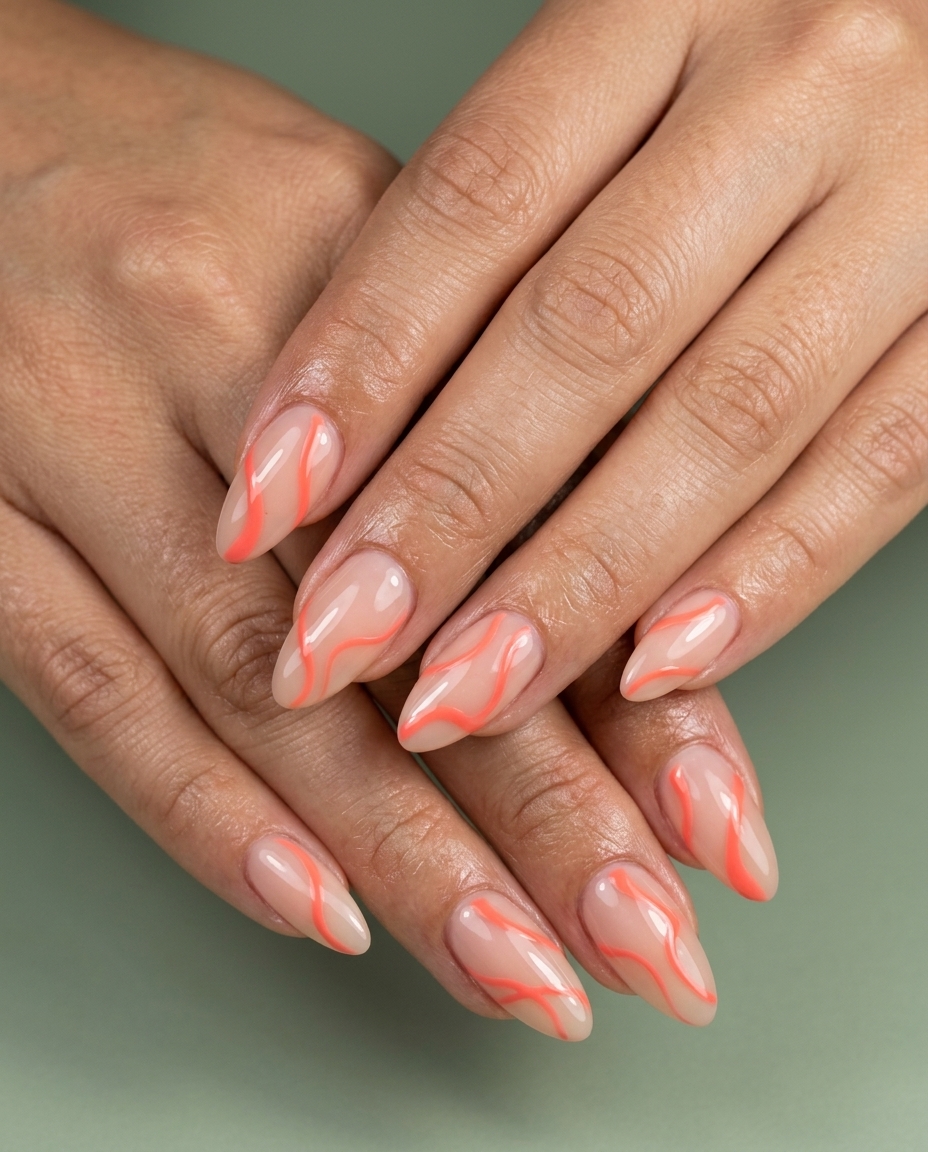 Sheer nude almond nails with vivid coral line art. June manicure ideas - summer trends 2026.