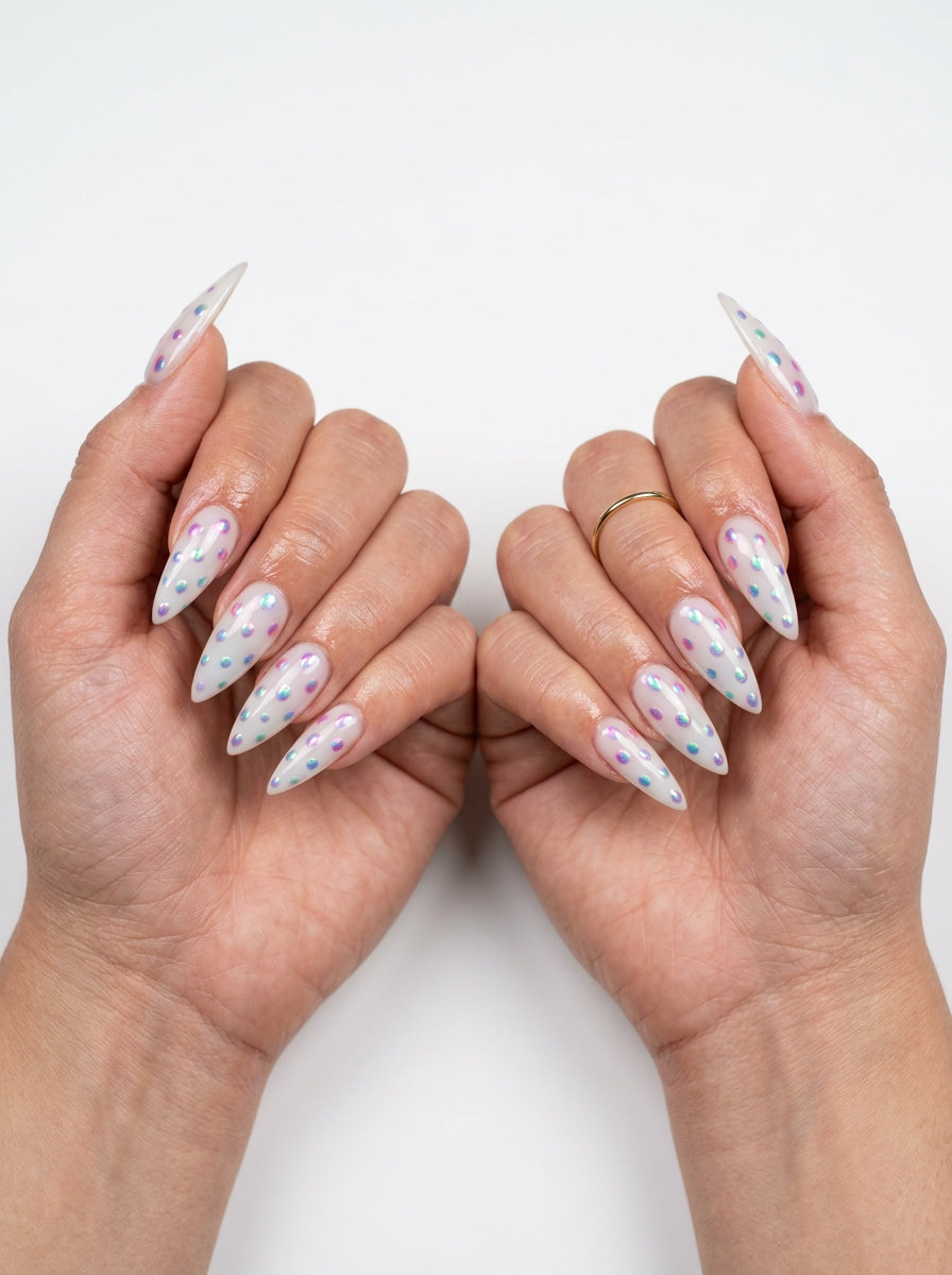 Cosmic chrome dot accents on squoval nails with multicolor shift. June manicure ideas - summer trends 2026.