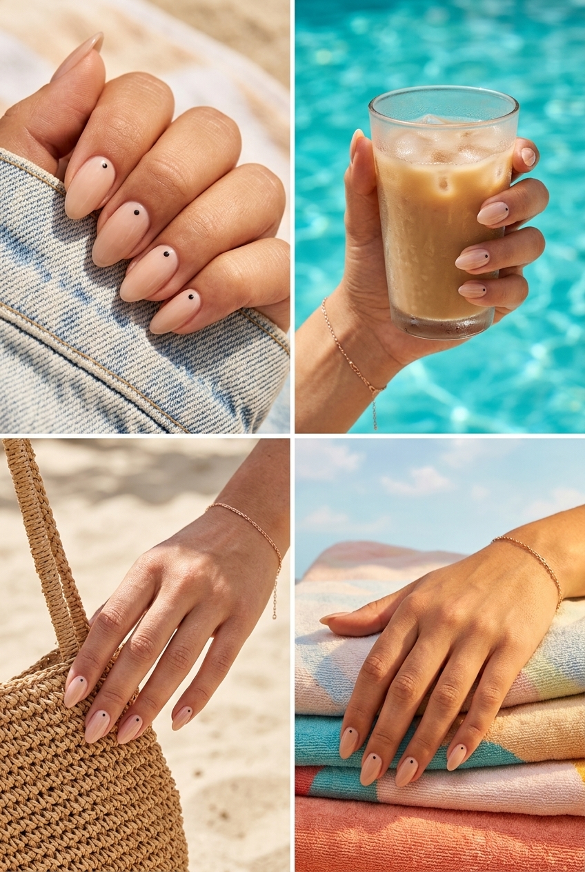 Subtle Dotty Nude Almonds: June manicure ideas - summer trends 2026. Chic and minimalist nude nails with scattered black dots for work.