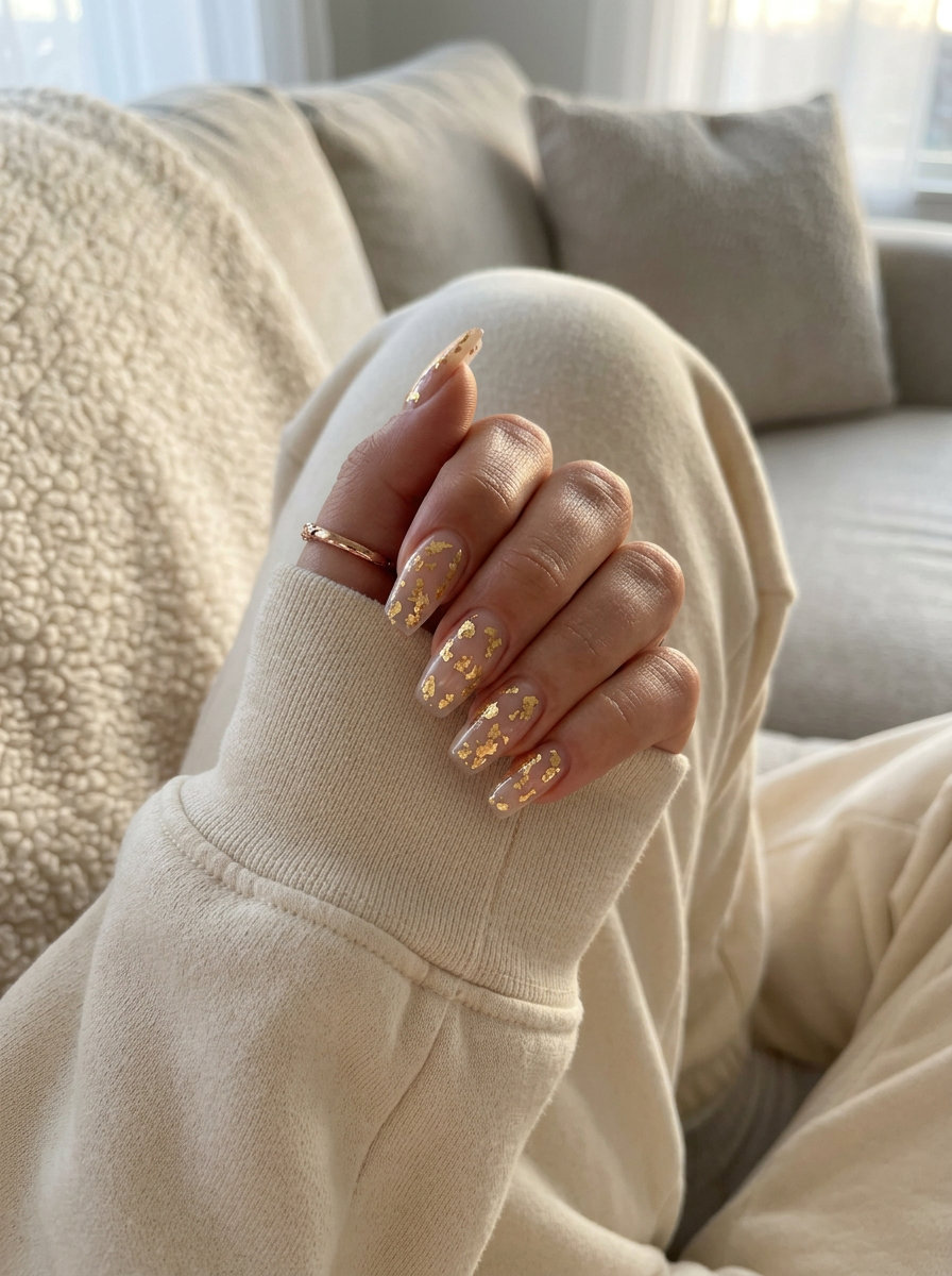 Golden hour foil flakes on sheer nude coffin nails for glamorous evenings. June manicure ideas - summer trends 2026.