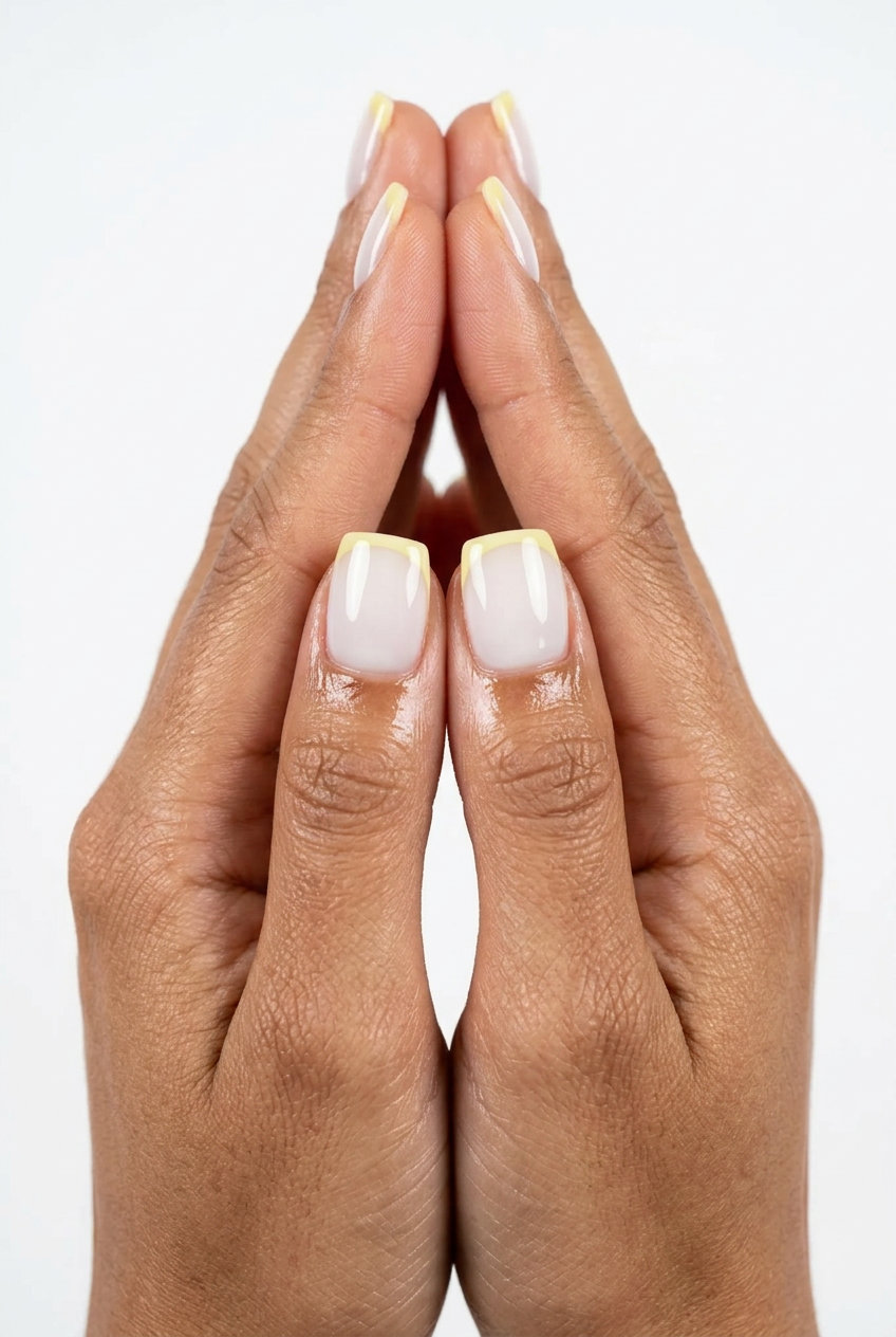 Sheer pale yellow micro French tip on short square nails. June manicure ideas - summer trends 2026.