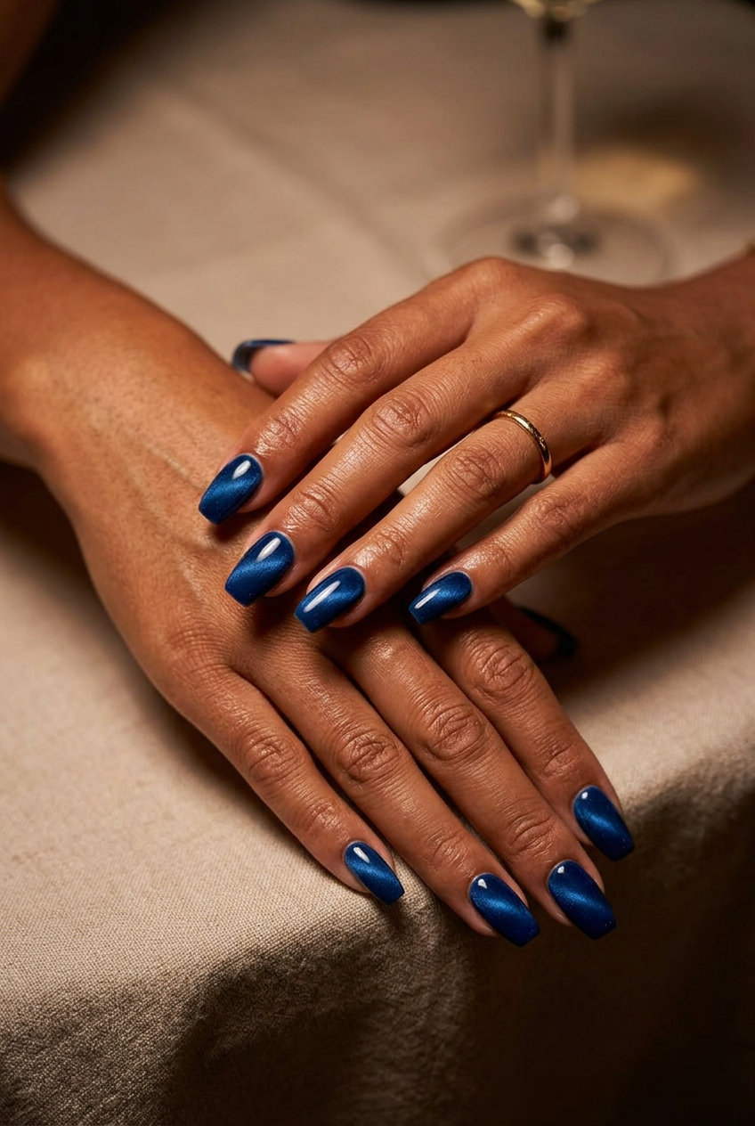 Mystic teal velvet cat-eye nails for a sultry evening look. June manicure ideas - summer trends 2026.