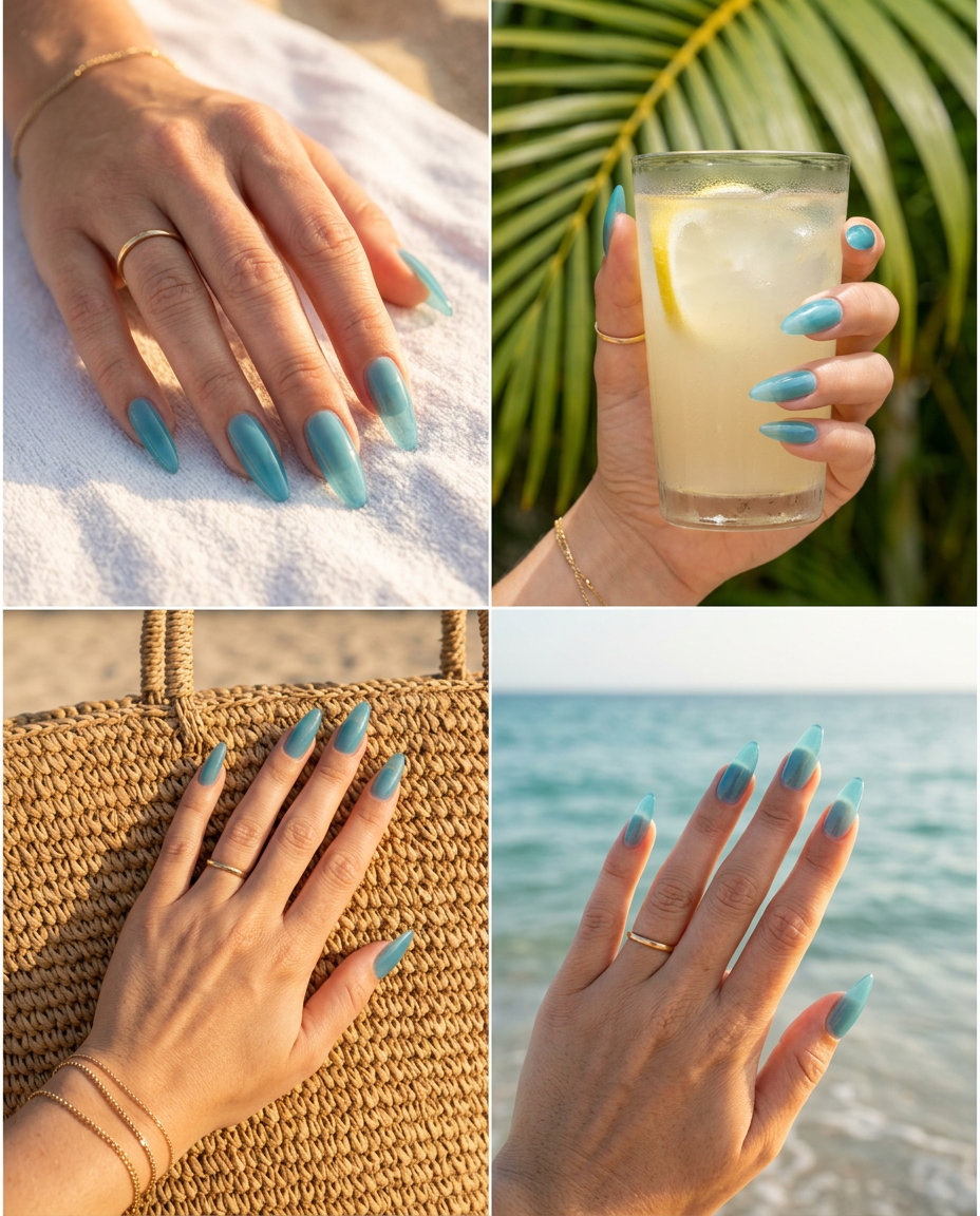 Oceanic Glass Effect Stilettos: June manicure ideas - summer trends 2026. Ethereal sea-glass blue jelly nails for festivals & beach trips.