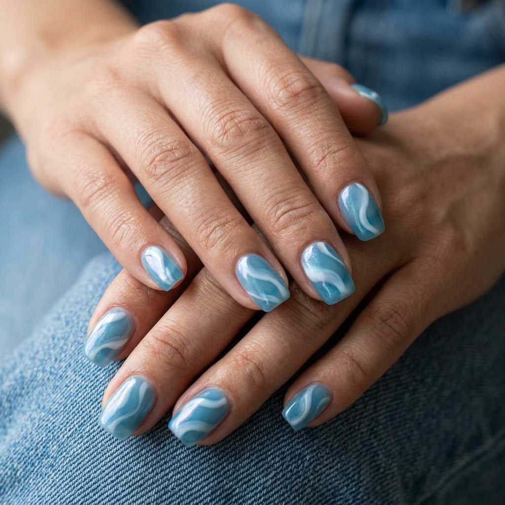Sea-glass blue jelly nails with milky white swirls and pearl shift. June manicure ideas - summer trends 2026.