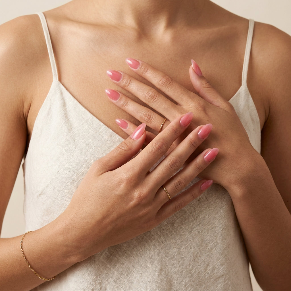 Strawberry milk jelly almond nails for a clean, romantic look. June manicure ideas - summer trends 2026.