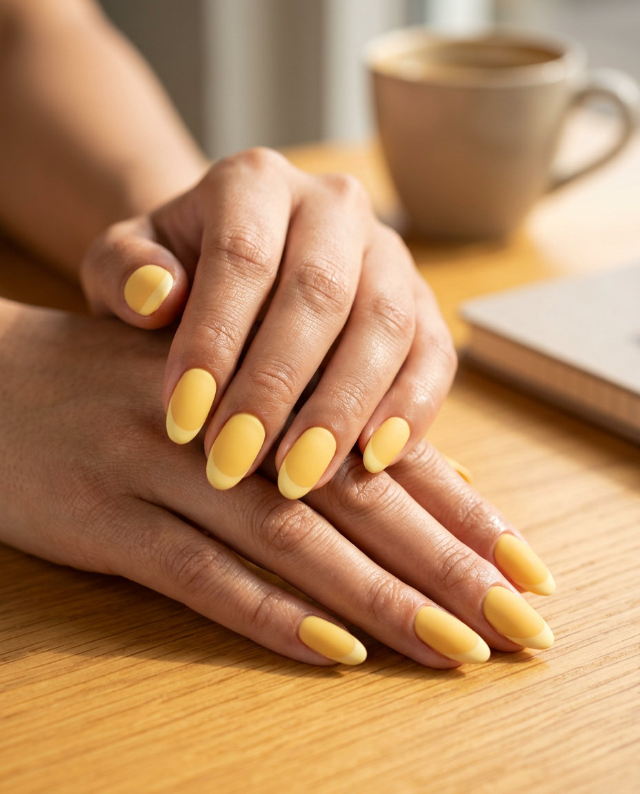 Sunny butter yellow matte French tips on a natural base for casual chic. June manicure ideas - summer trends 2026.