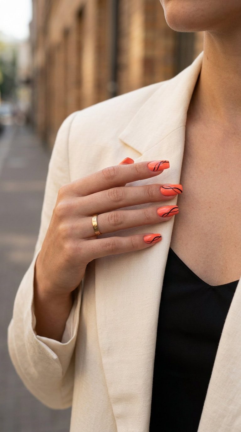 Sunset abstract coral lines on oval nails. June manicure ideas - summer trends 2026.