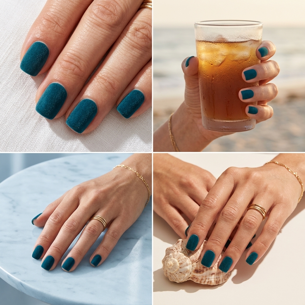 Sumptuous Teal Velvet Square Nails: June manicure ideas - summer trends 2026. Sophisticated deep teal velvet matte cat-eye for formal events.