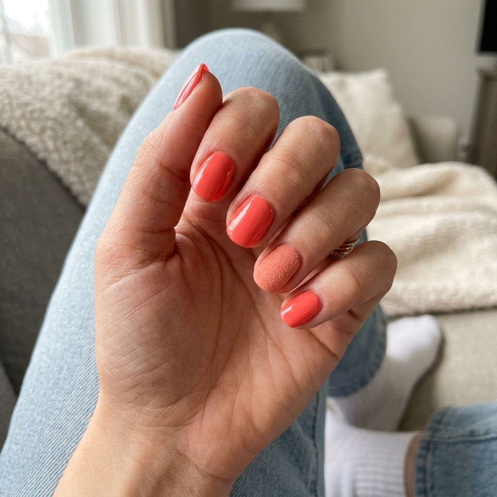 Beachy textured coral accent nails for summer 2026, perfect for vacation and festivals.