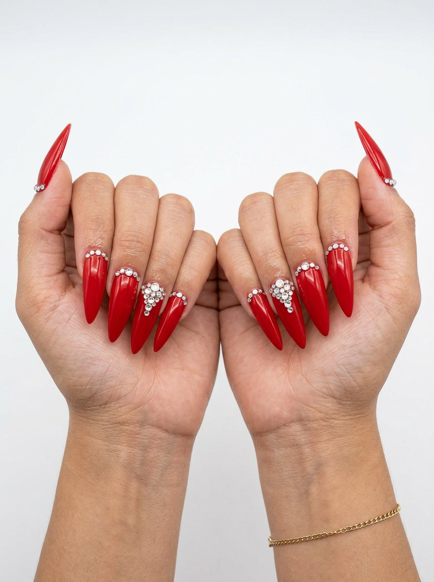 Classic red rhinestone stiletto nails for formal events. Glamorous bold nail ideas 2026.
