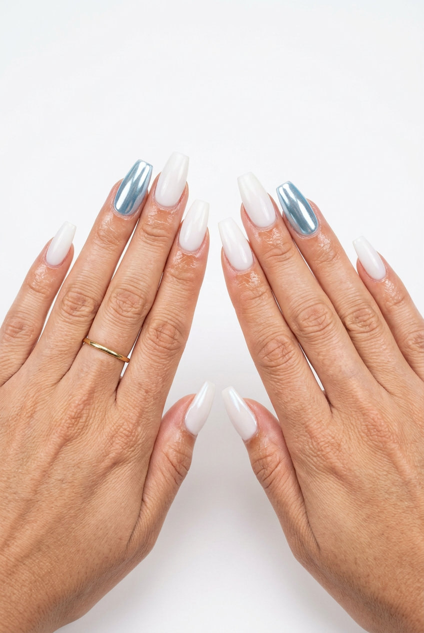 Icy blue chrome accent coffin nails for summer 2026, perfect for parties and festivals.