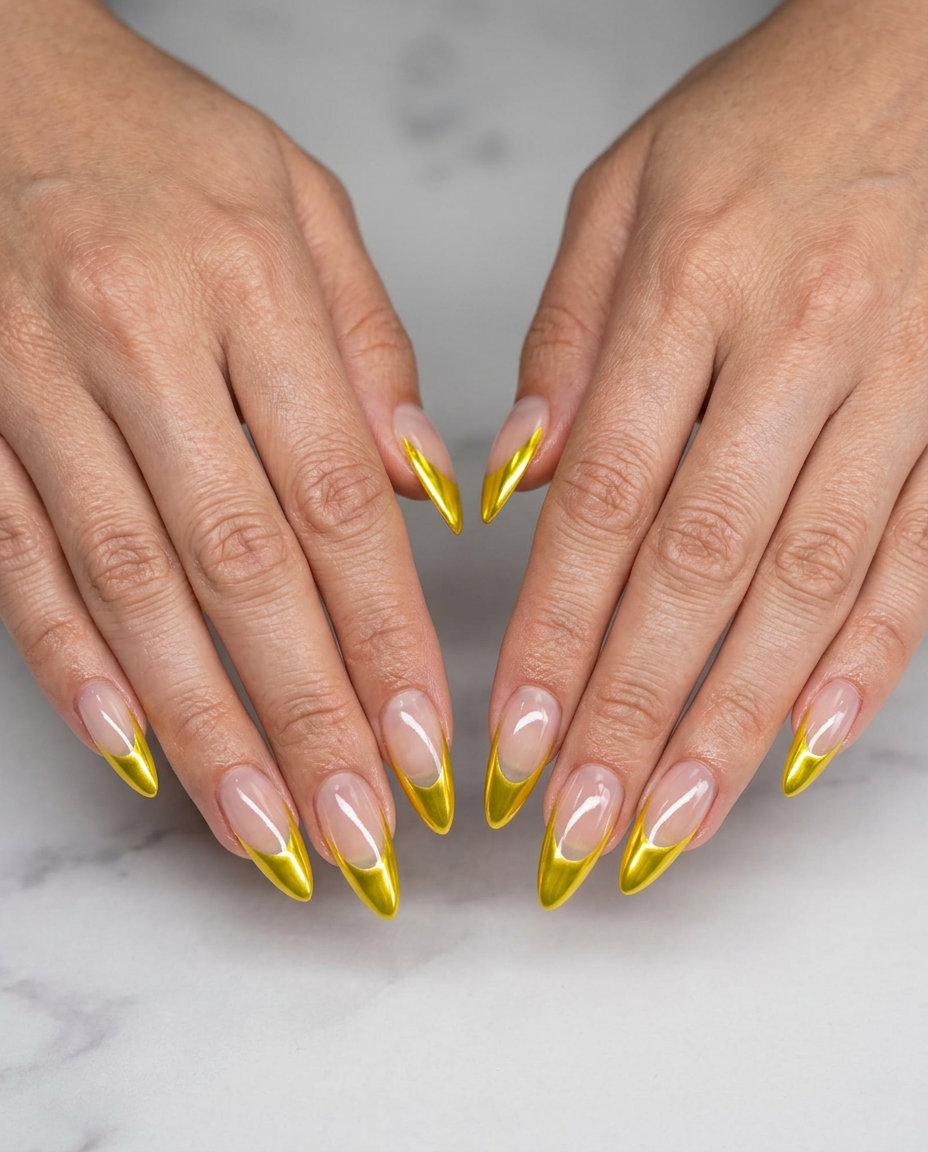 Vibrant lemon chrome French tip stiletto nails for festivals and summer parties. June nails ideas - summer ideas 2026.