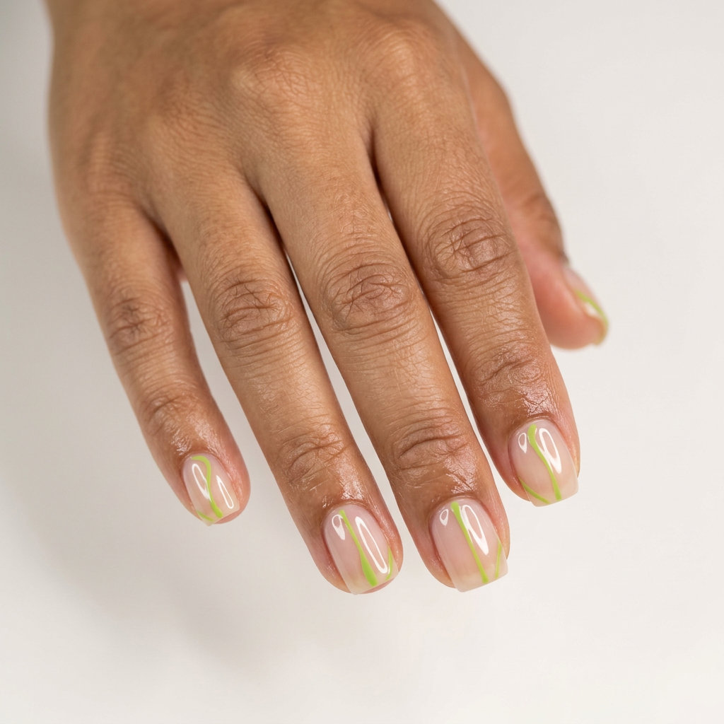 Lime green abstract line nails for work & casual weekends. Chic minimalist nail ideas 2026.