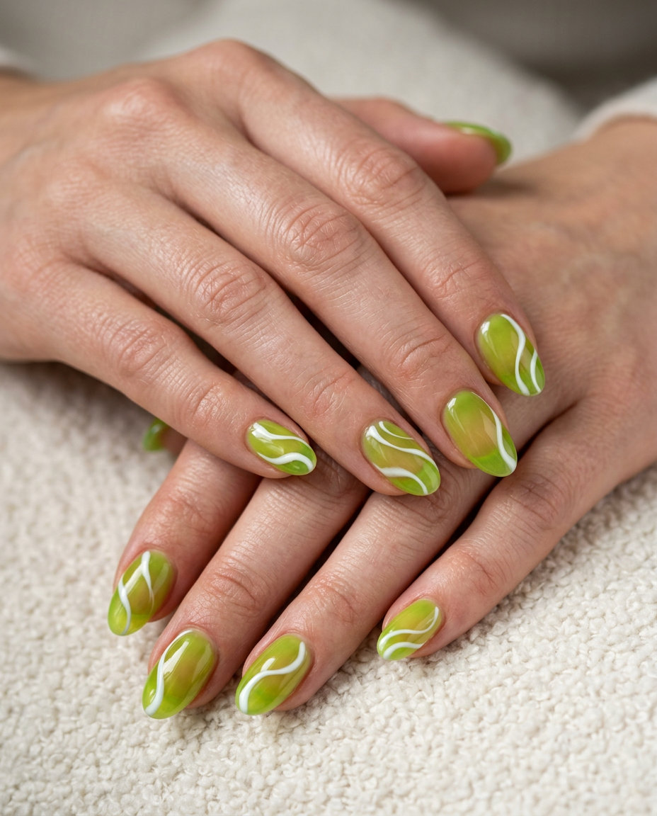Lime green jelly swirls nails for summer 2026, perfect for casual weekends and festivals.