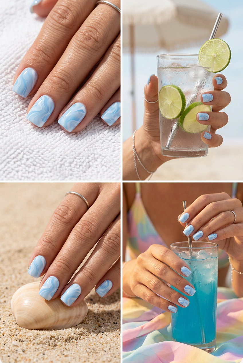 Milky aura almond glossy nails for summer 2026, ideal for weddings and sophisticated looks.