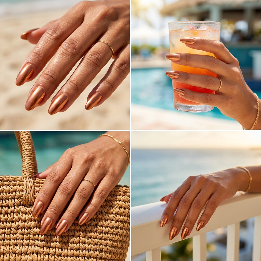 Molten copper glazed almond nails for date nights and summer evenings. June nails ideas - summer ideas 2026.