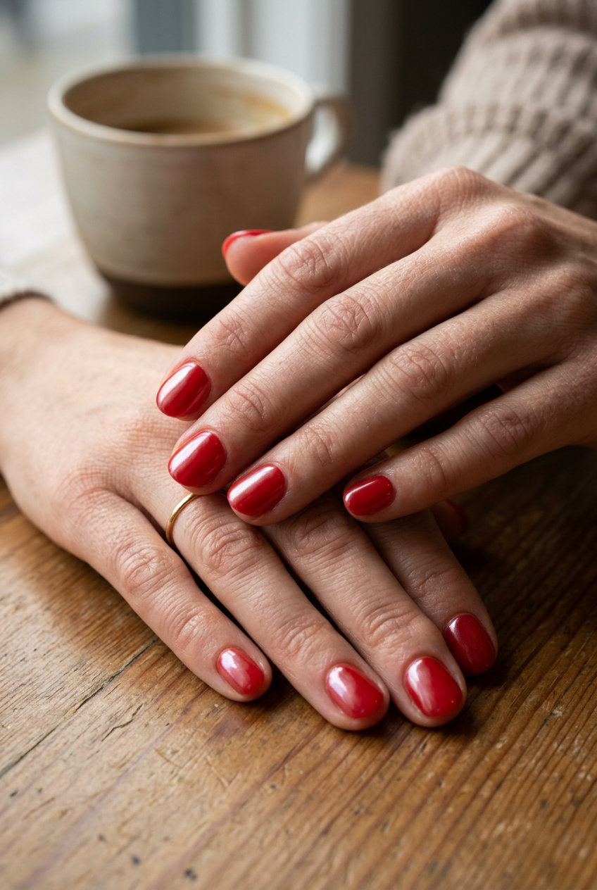 Classic red glazed donut nails for summer 2026, ideal for date nights and retro vibes.