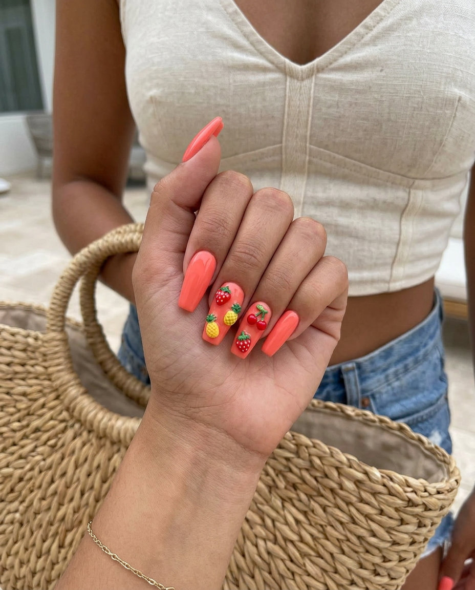 Vibrant coral 3D fruit charm nails for summer vacation & festivals. Fun tropical nail ideas 2026.