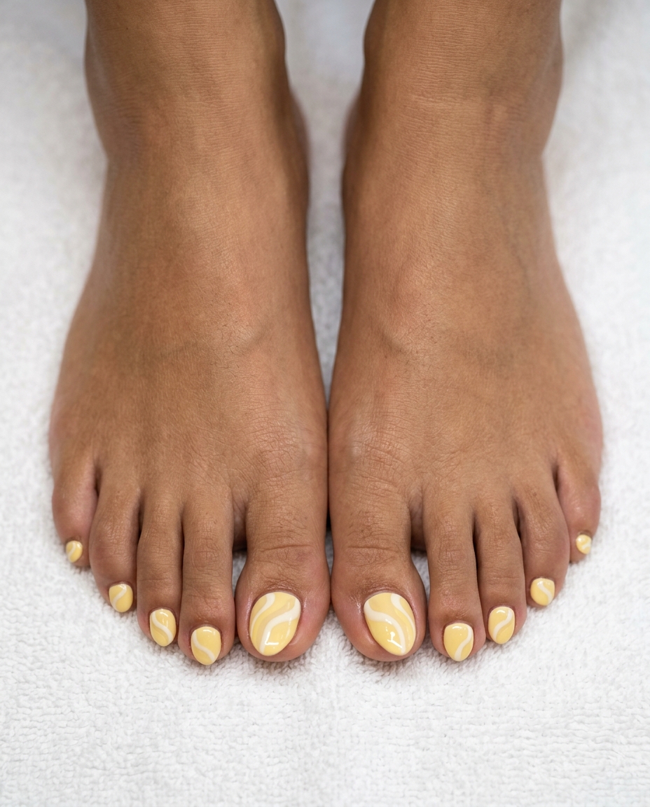 Artistic butter yellow and cream swirls on toenails - June pedicure ideas, summer trends 2026.