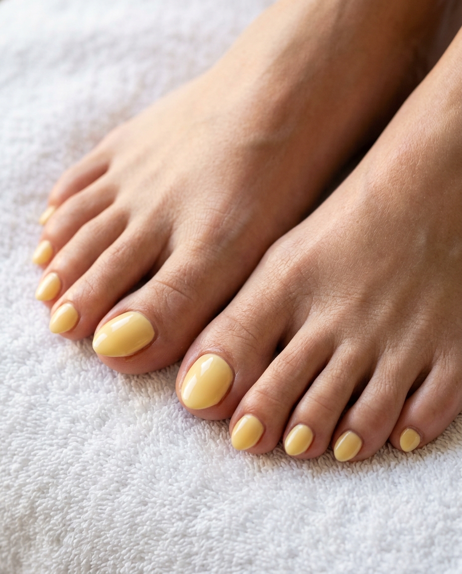 Butter Yellow Milky Almond toenails: soft yellow with a milky, diffused finish. Whimsical for date nights or casual weekends. Summer trends 2026.