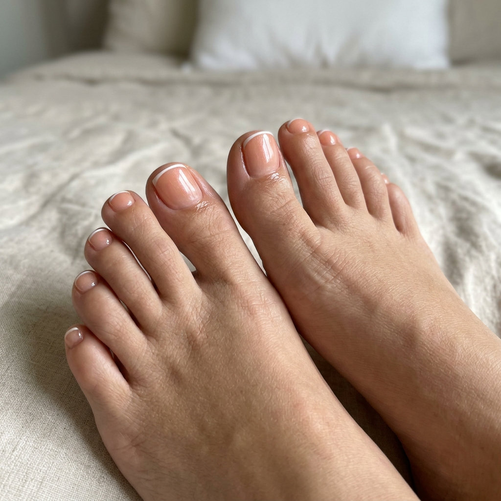 Peachy Keen Micro French toenails: sheer peach with translucent white micro French tips. Clean & polished for daily wear. Summer trends 2026.