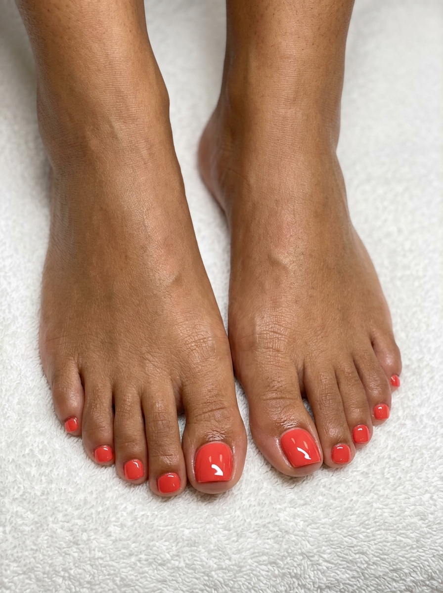 Watermelon Red Glossy Squoval toenails: vibrant red with high-gloss finish. Playful for outdoor events or parties. Summer trends 2026.
