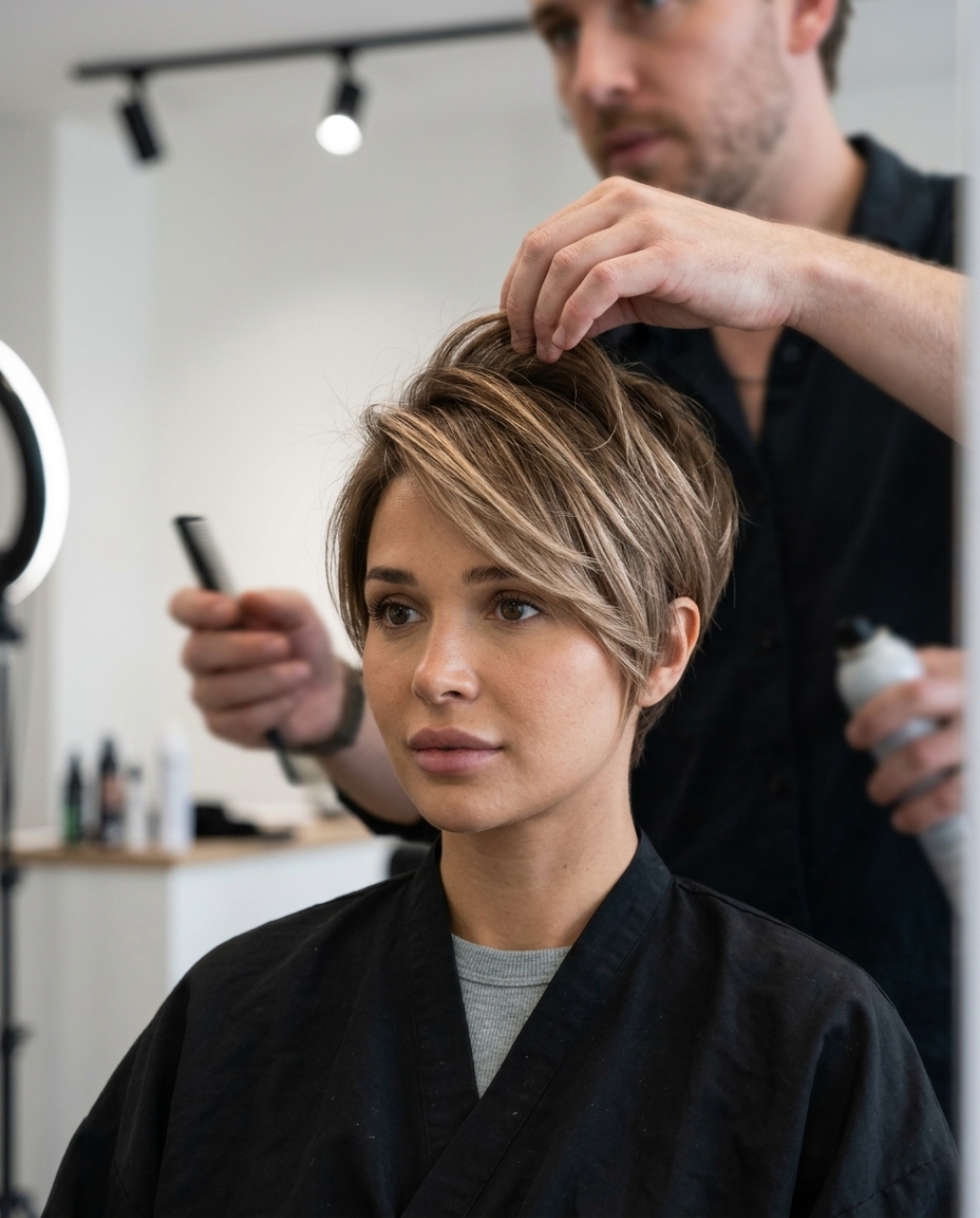 short beige-blonde pixie with babylights, textured layers — soft