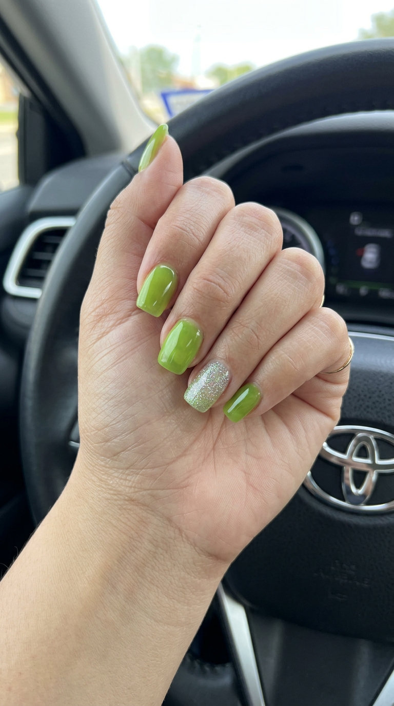 Lime green glitter jelly stiletto nails with holographic silver glitter for tropical nail designs 2026. Perfect for vacation nights.