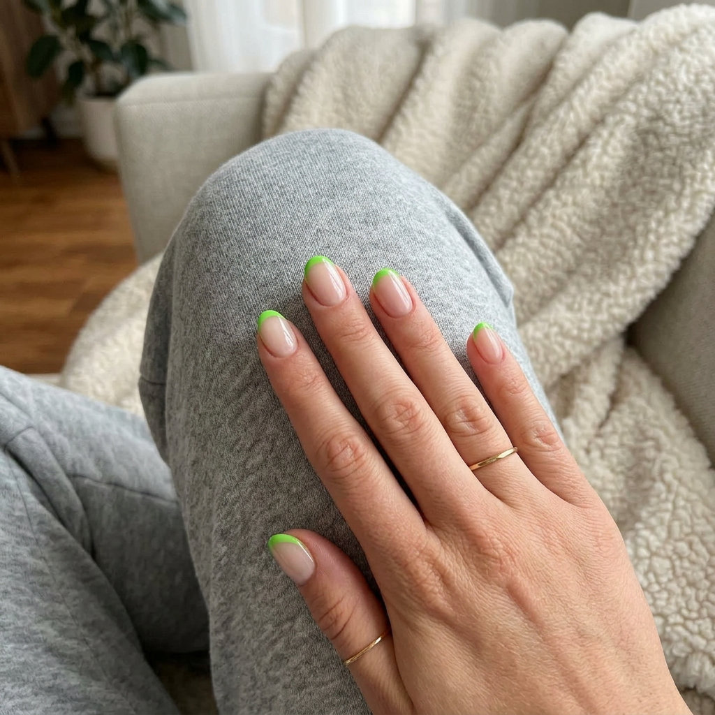 Lime micro French tip on sheer nude base for playful tropical nail designs 2026. Great for brunch and work.
