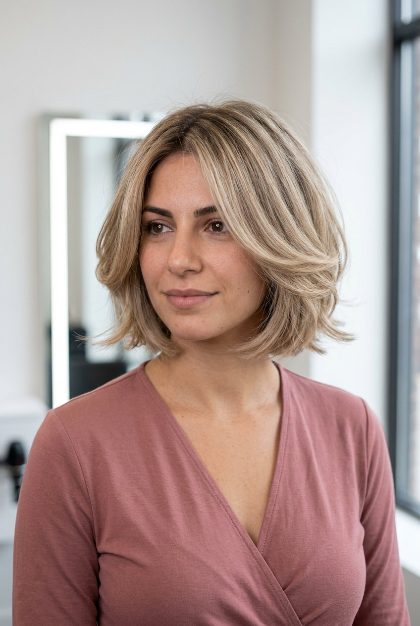 chin-length linen blonde butterfly bob with golden babylights for summer 2026