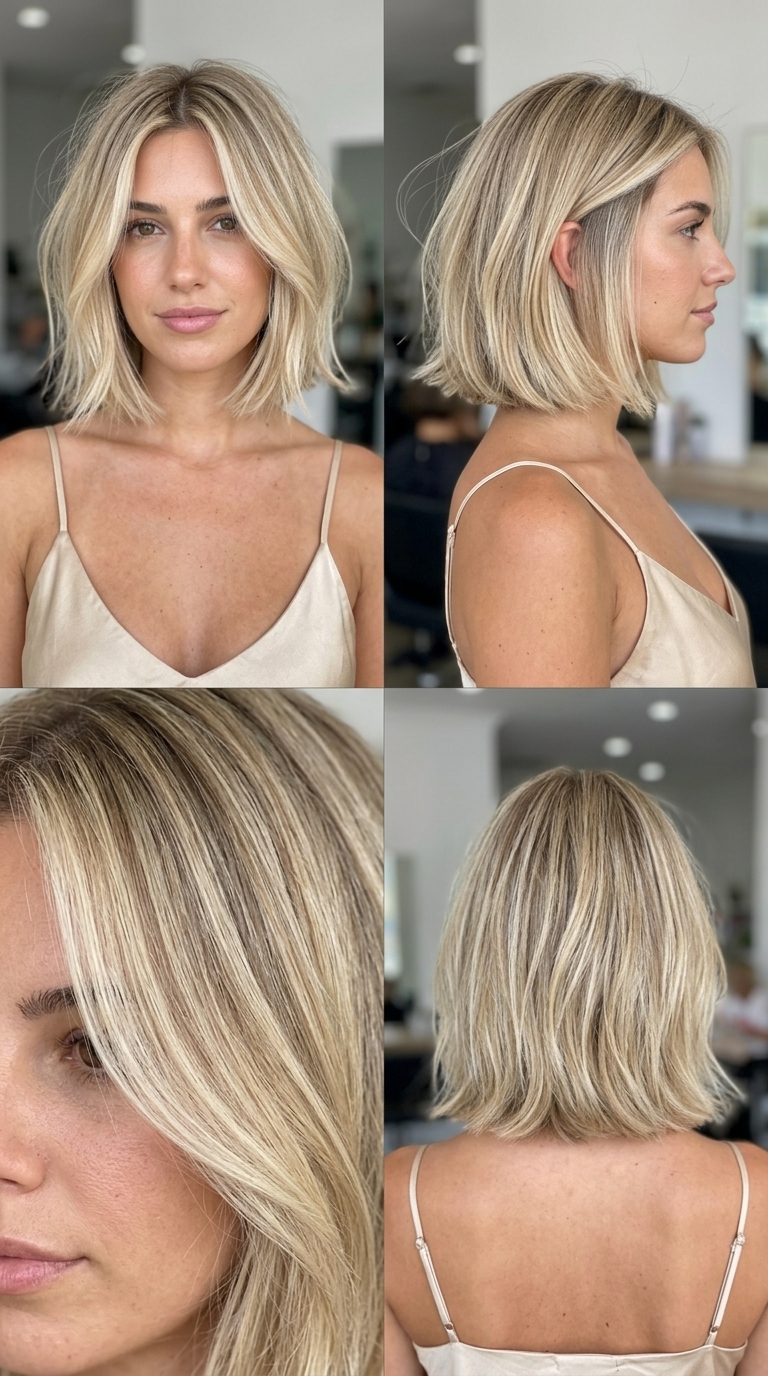 chin-length italian bob haircut in creamy neutral linen blonde with soft root melt and textured ends — modern minimalist
