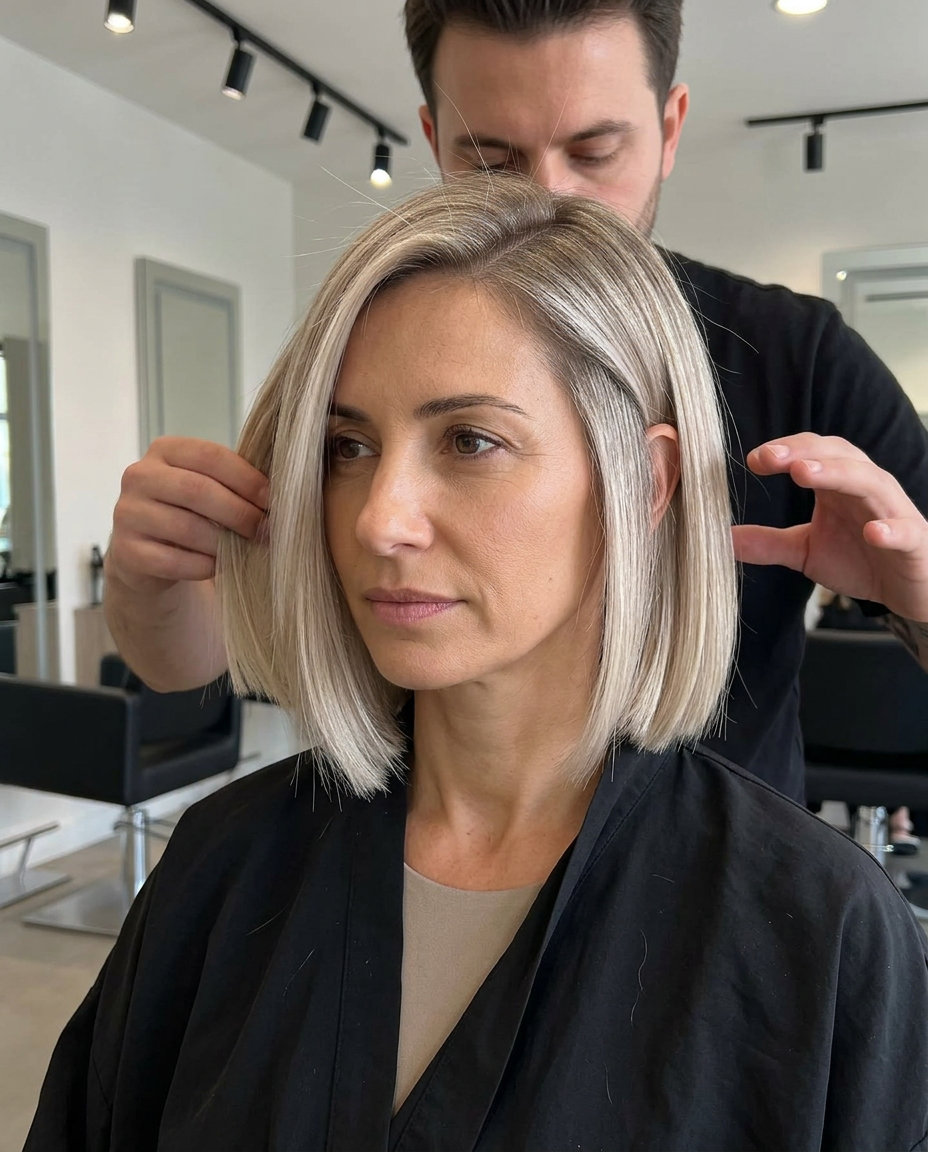 chin-length Hydro-Bob with cool neutral linen blonde, ash root shadow, blunt perimeter — sophisticated edgy look