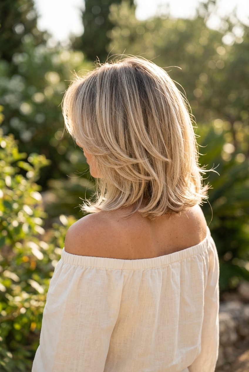 collarbone lob with neutral linen blonde, pearl toner, ash brown root, sweeping face-framing layers — soft boho chic