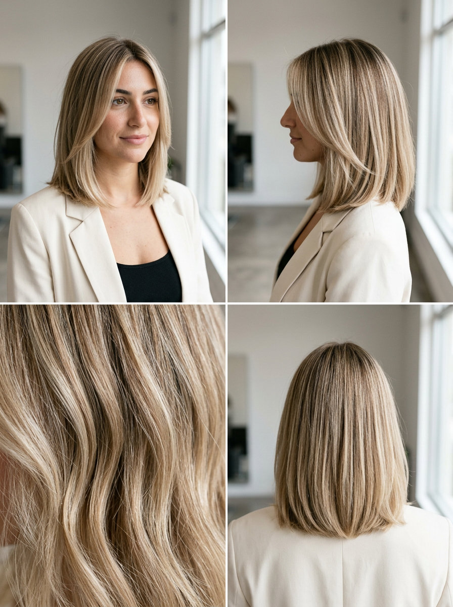 collarbone-grazing lob haircut with linen blonde, sandy brown base, pale gold babylights — relaxed effortless