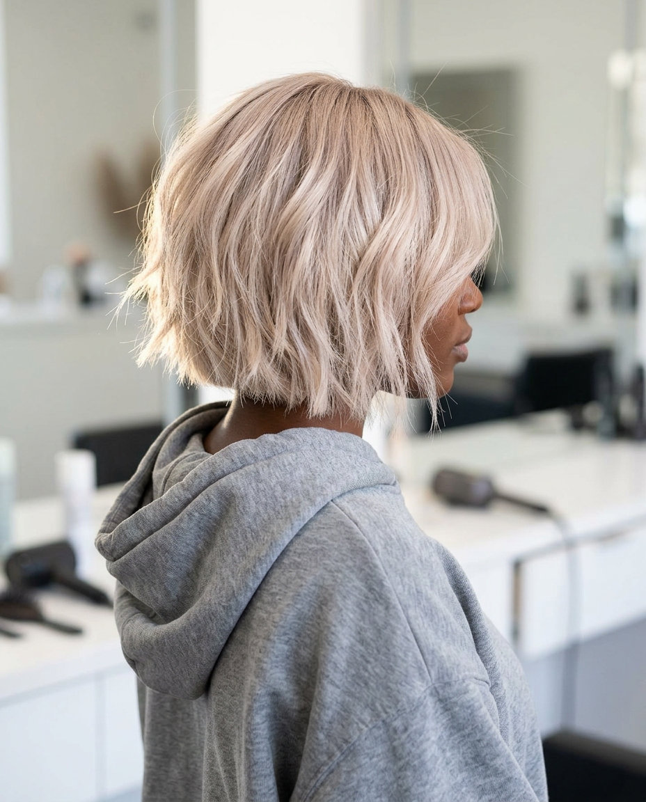jaw-length linen blonde bob haircut with platinum tones, razored texture, no bangs — soft bohemian