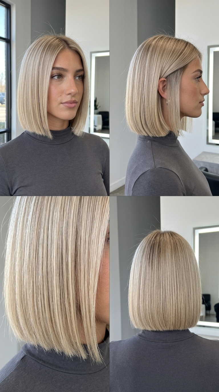 jaw-length laser blunt bob with neutral linen blonde, sandy root smudge, no bangs — professional sleek
