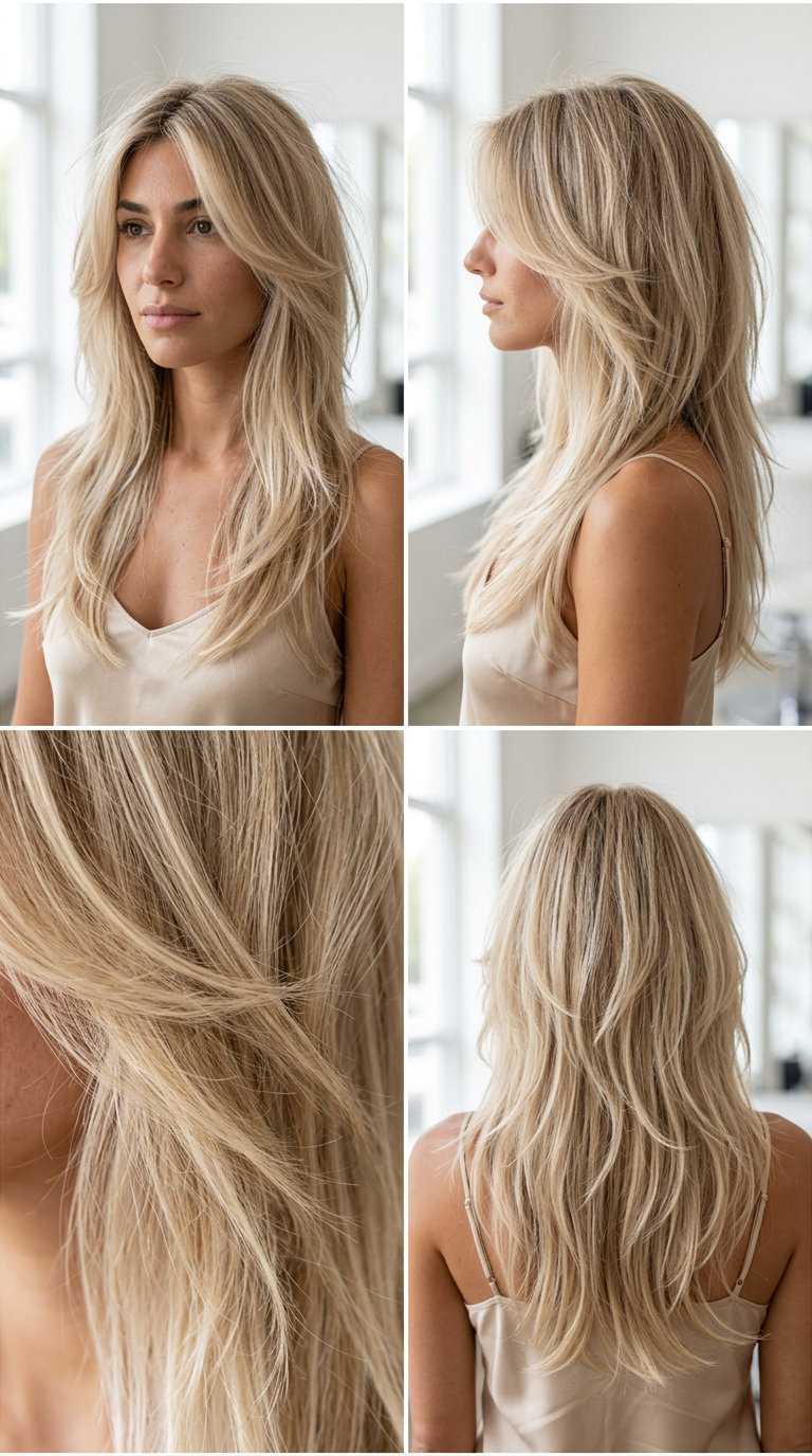 long haircut in pale linen blonde with beige tones, dramatic butterfly layers, soft
