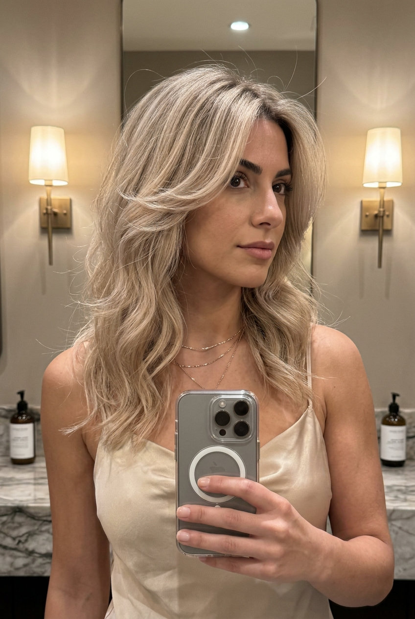long layered wolf cut in cool linen blonde with natural root for daily
